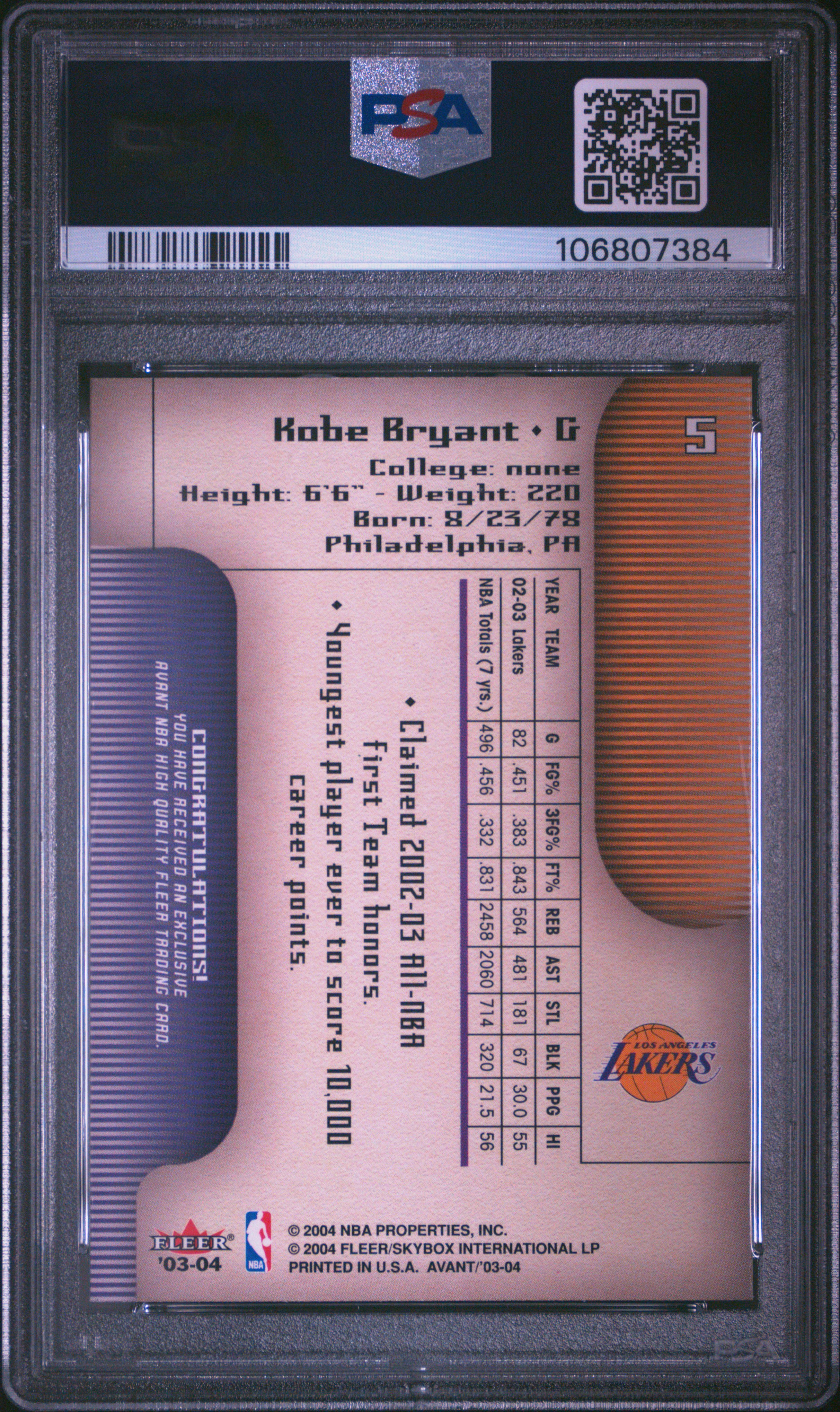 2003 Fleer Avant Kobe Bryant #5 Mint 9 back