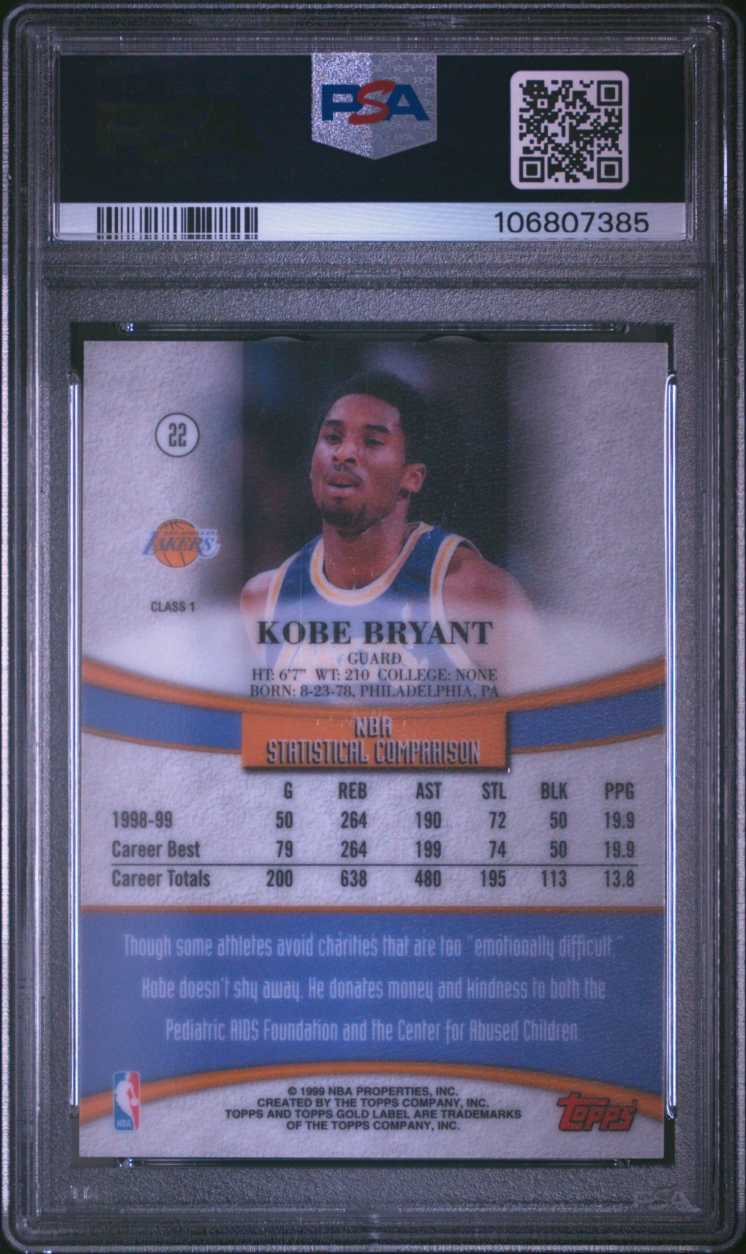 1999 Topps Gold Label Class 1 Kobe Bryant #22 (Class 1-Gold Label) Nm-Mt 8 back