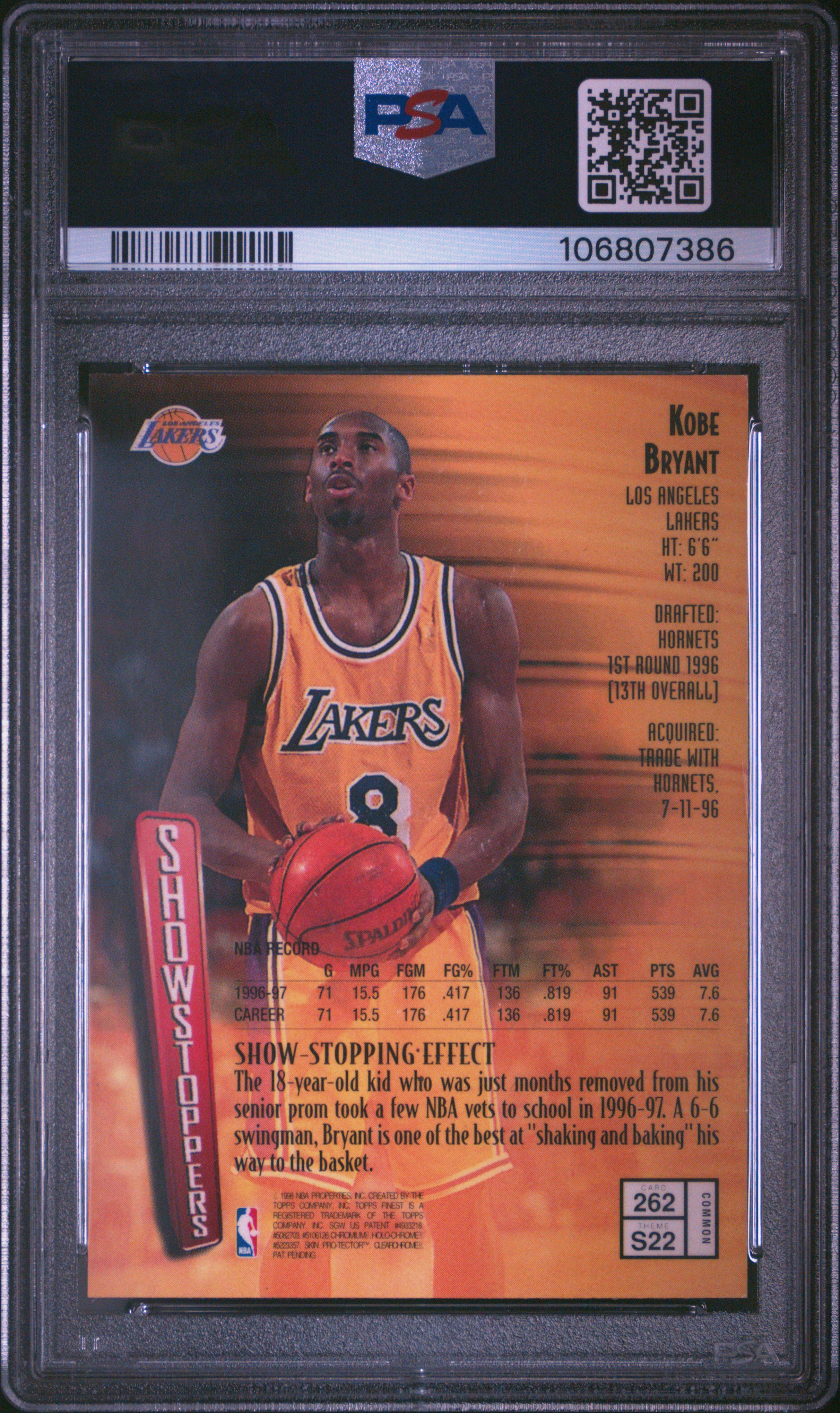 1997 Finest Kobe Bryant #262 (W/Coating) Nm-Mt 8 back