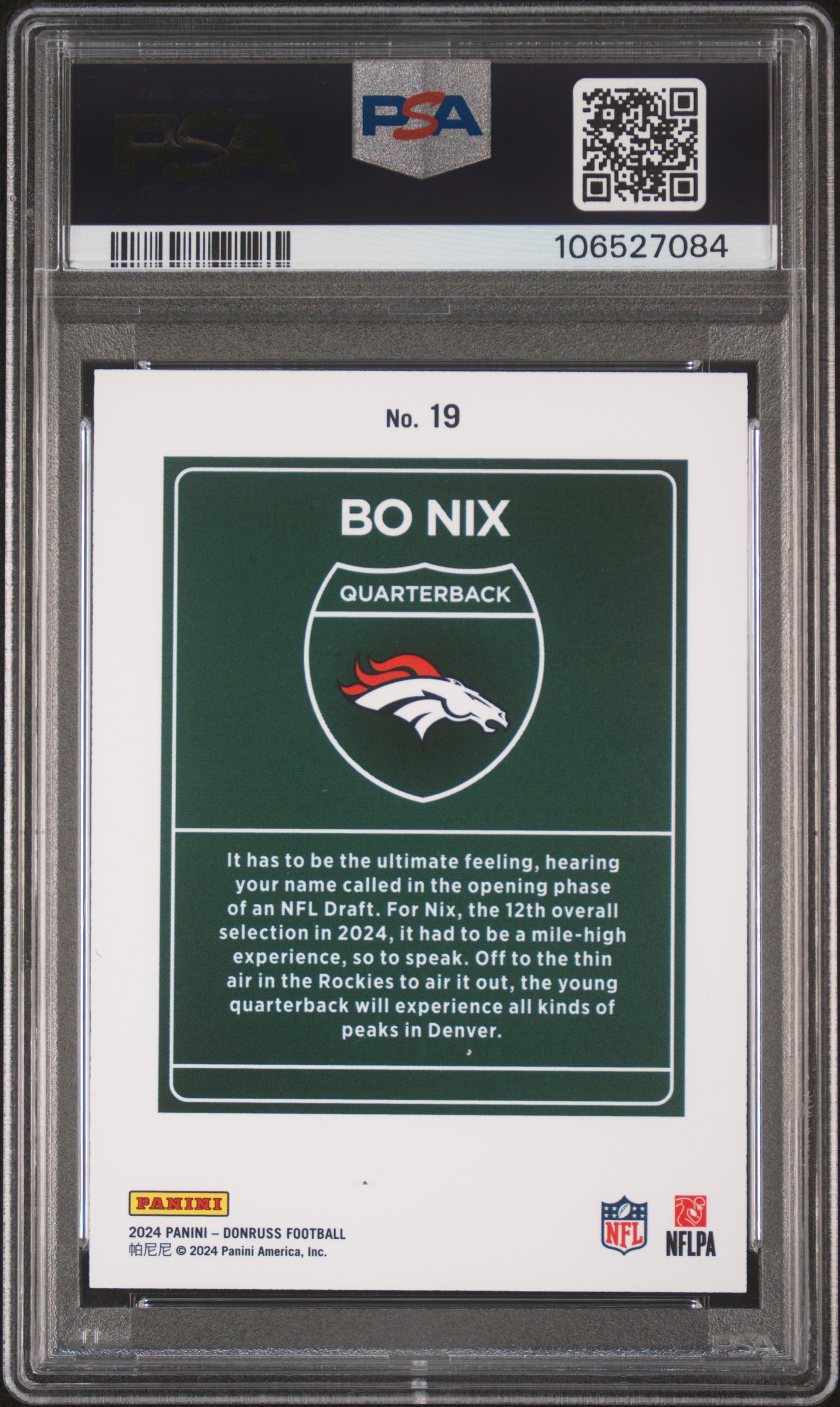 2024 Panini Donruss Downtown! Bo Nix #19 Gem Mt 10 back