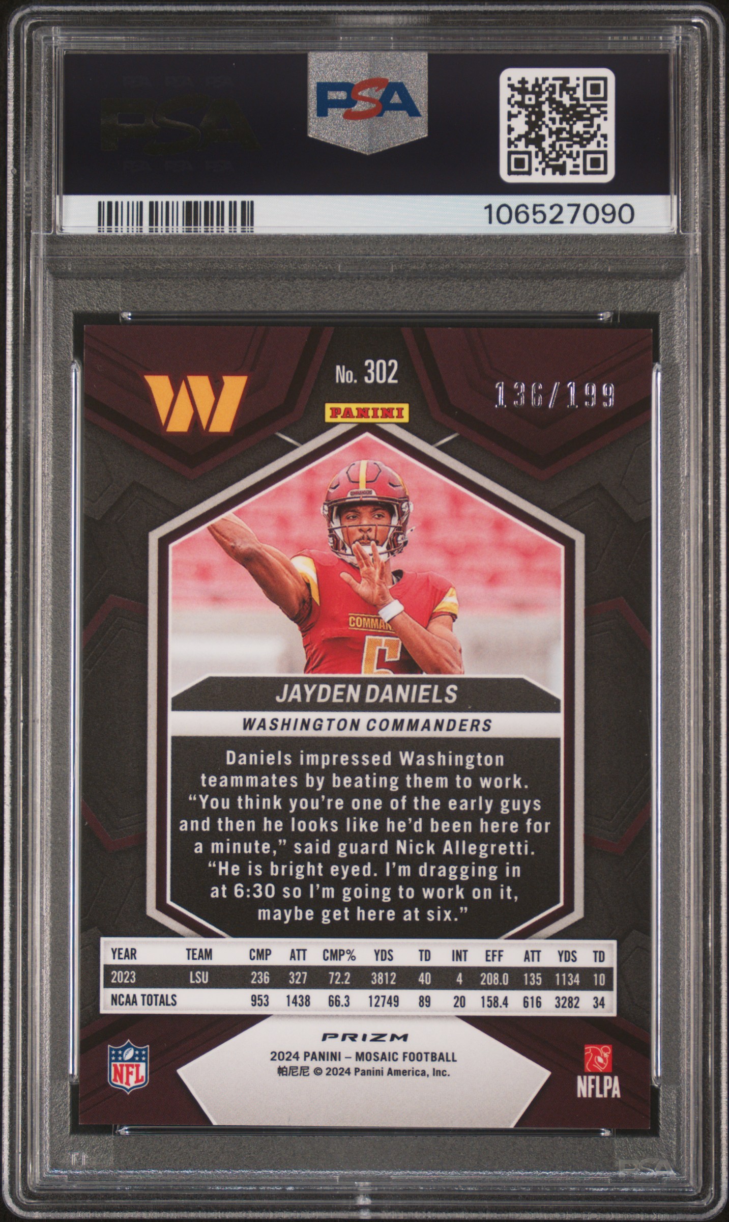 2024 Panini Mosaic Jayden Daniels #302 (Orange) Gem Mt 10 back