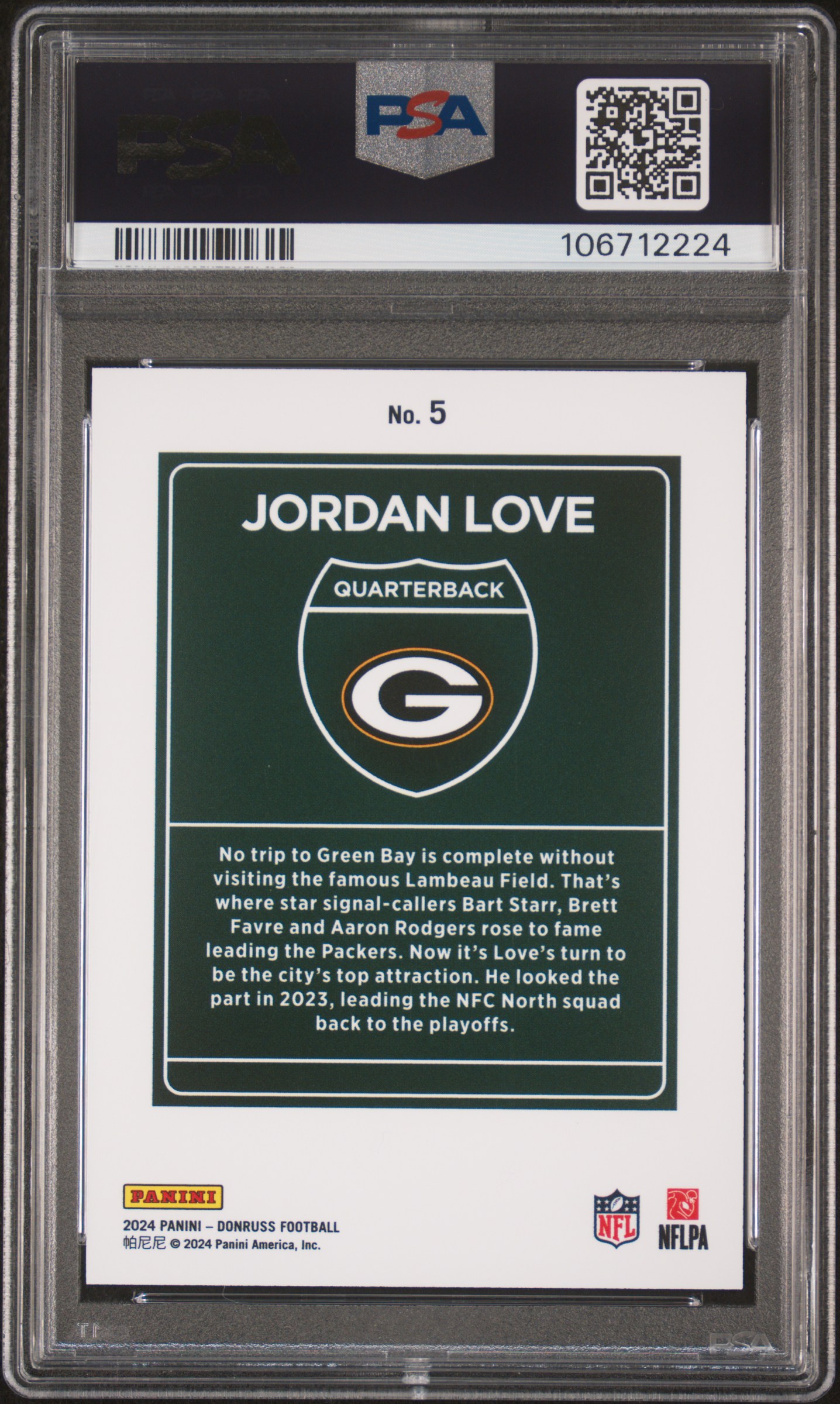2024 Panini Donruss Downtown! Jordan Love #5 Gem Mt 10 back