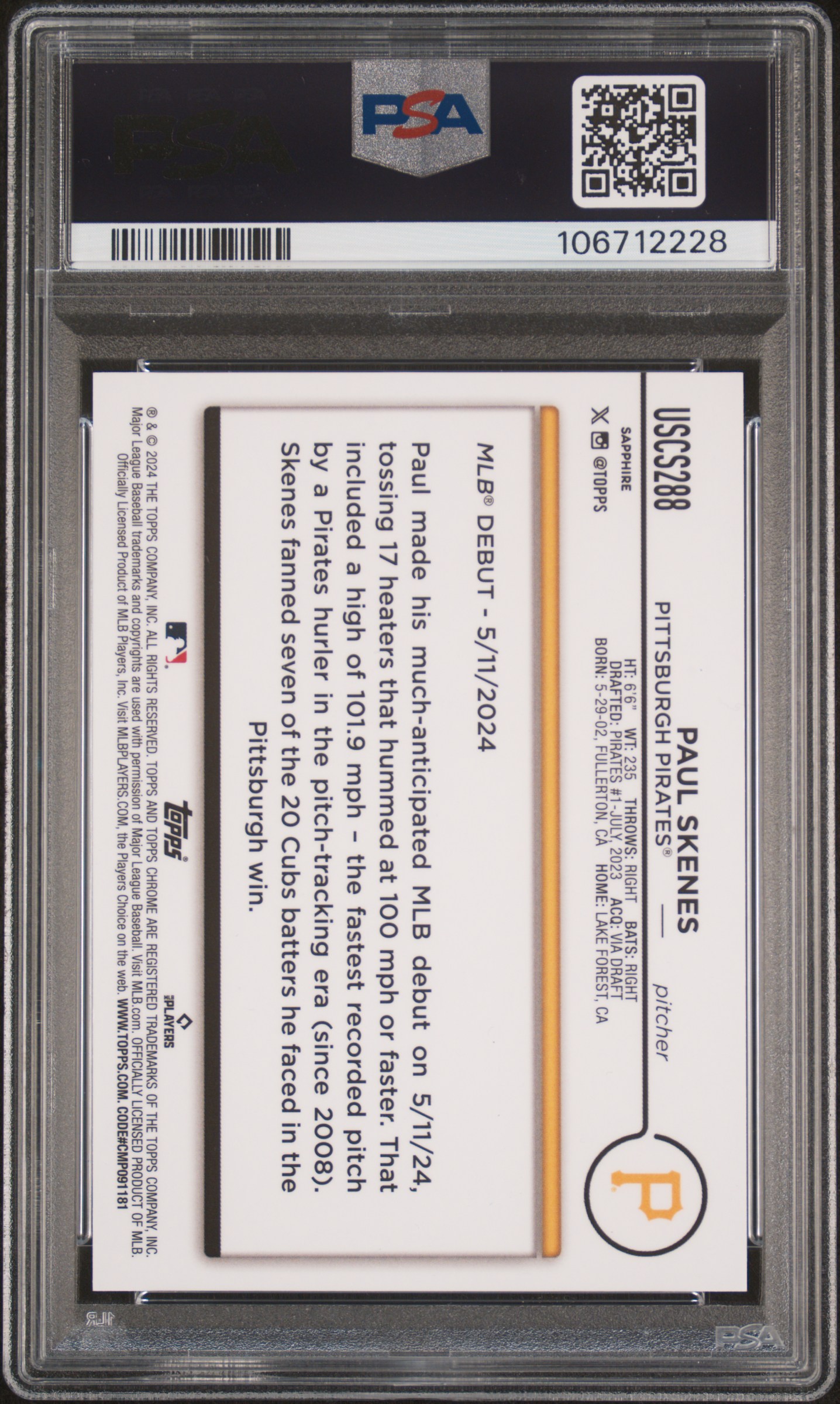 2024 Topps Chrome Sapphire Update Series Paul Skenes #288 (Gold) Gem Mt 10 back