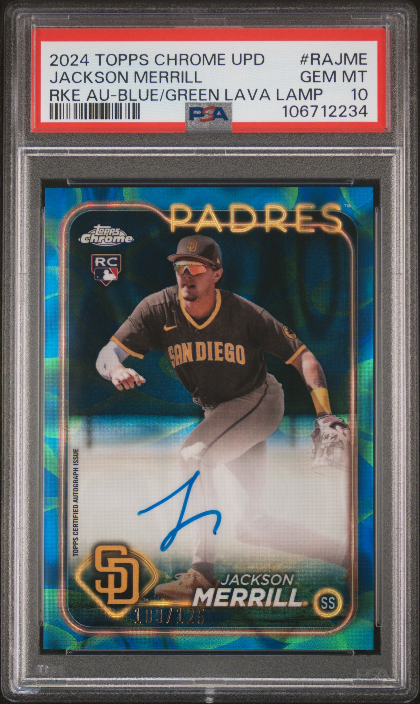 2024 Topps Chrome Update Chrome Rookie Autographs Jackson Merrill #Rajme (Rke Au-Blue/Green Lava Lamp) Gem Mt 10 front