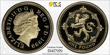 1999 £1 S-J14 Scottish Lion Ni-Brass PR70DCAM