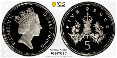 1990 5p S-D3 23.6mm Ag PR70DCAM