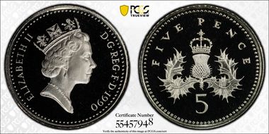 1990 5p S-D4 18mm Ag PR69DCAM