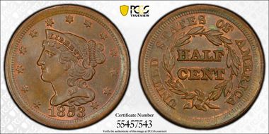 1853 1/2C MS65+ BN