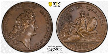 (1880-DT) AE Medal Betts-42, St. Christopher Restrike, Cornucopia MS62BN