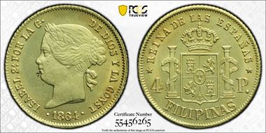 1864 4 Peso KM-144  Au MS63