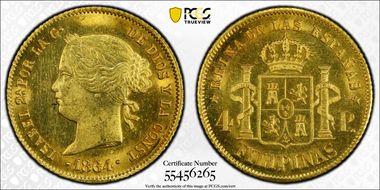 1864 4 Peso KM-144  Au MS63