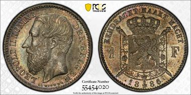 1886 1 Fr DER BELGEN w/ Dot KM-29.1 Ag MS62