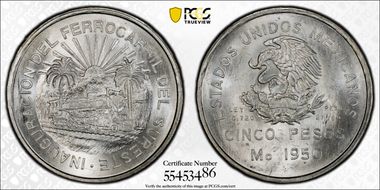 1950-Mo 5 Peso Southeastern Railroad KM-466  Ag MS65+