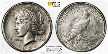 1921 $1 High Relief, Peace N1