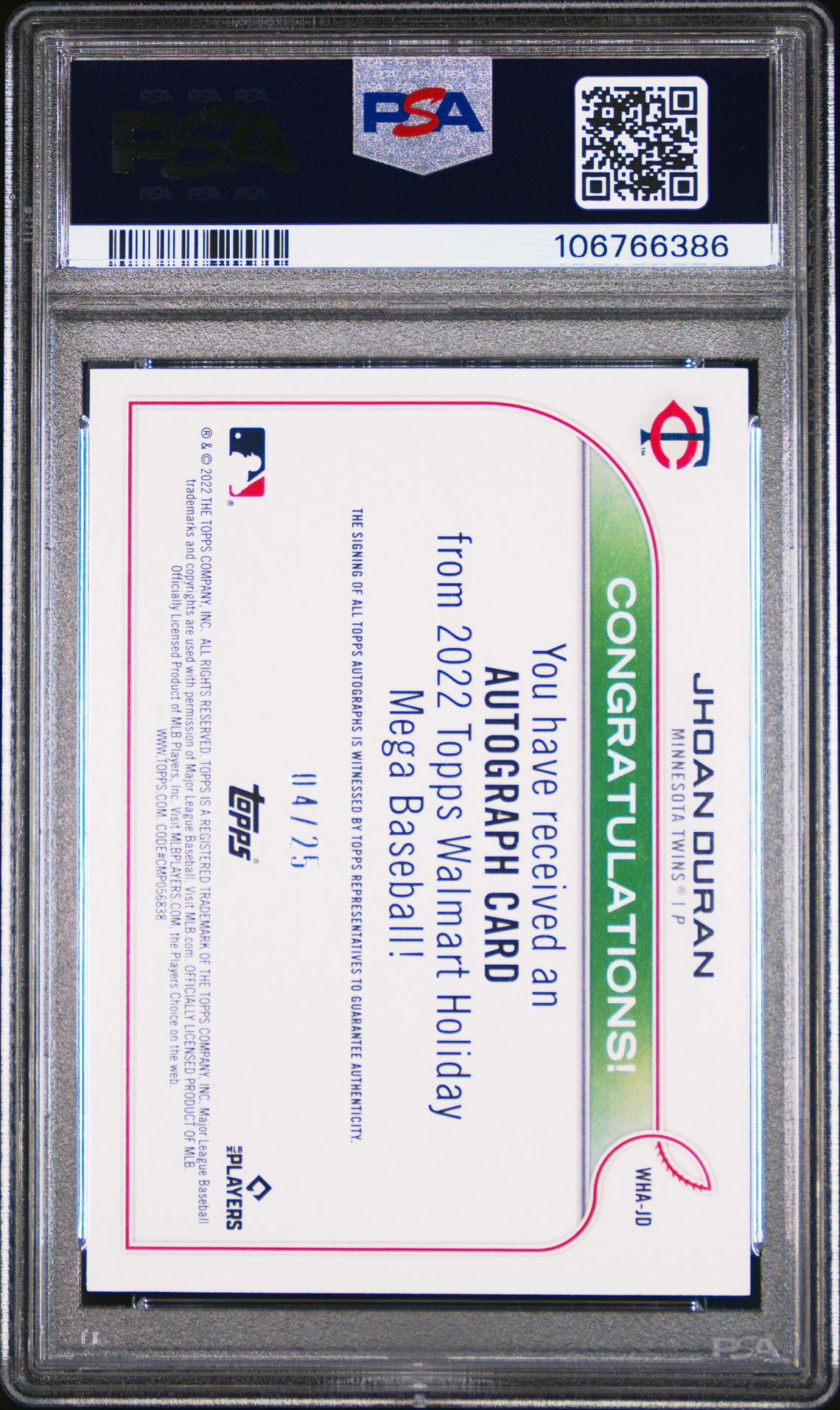 2022 Topps Holiday Autographs Jhoan Duran #Whajd (Autograph-Red Metallic) Mint 9 back