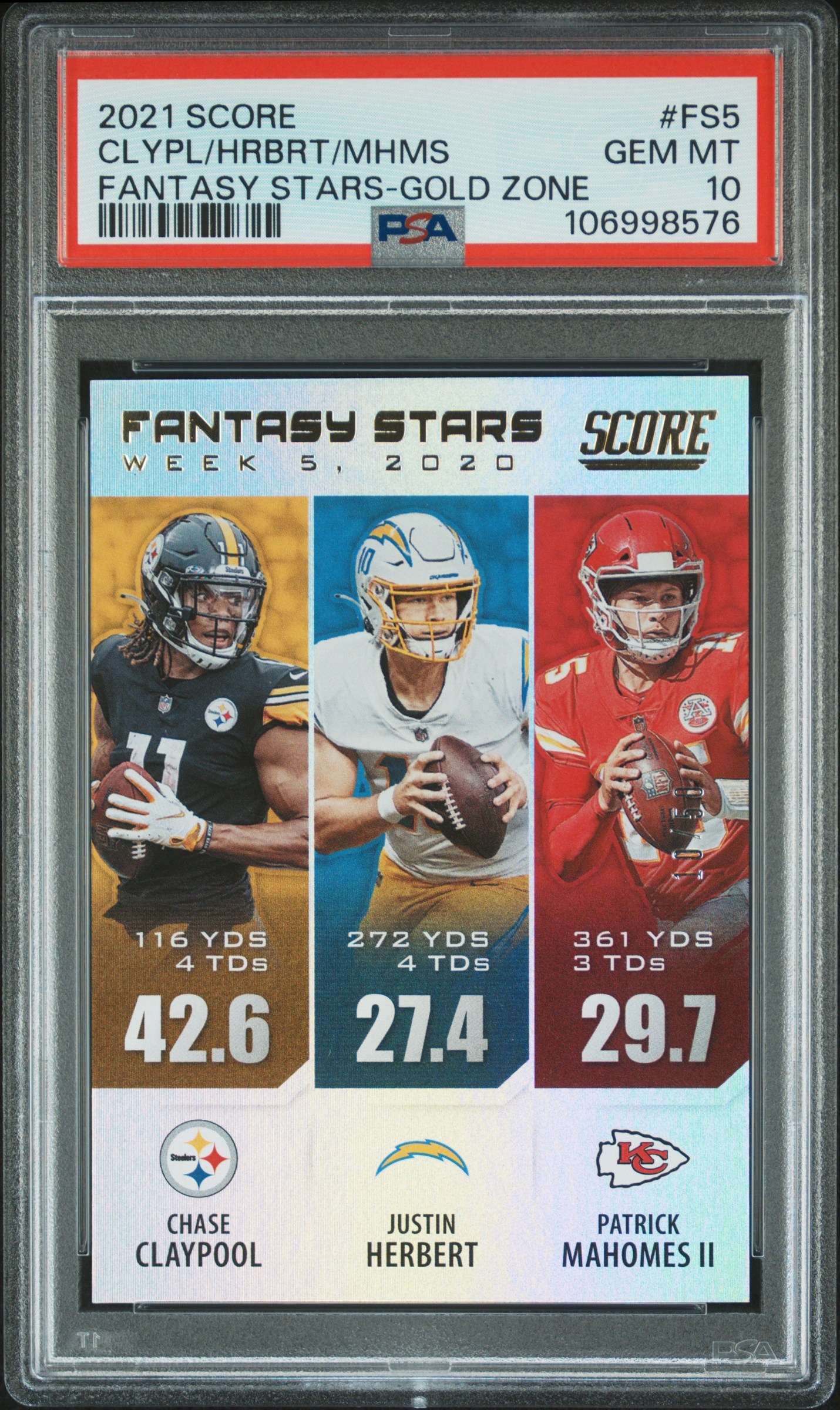 2021 #FS5 Chase Claypool/Justin Herbert/Patrick Mahomes II PSA 10 Panini Score Fantasy Stars