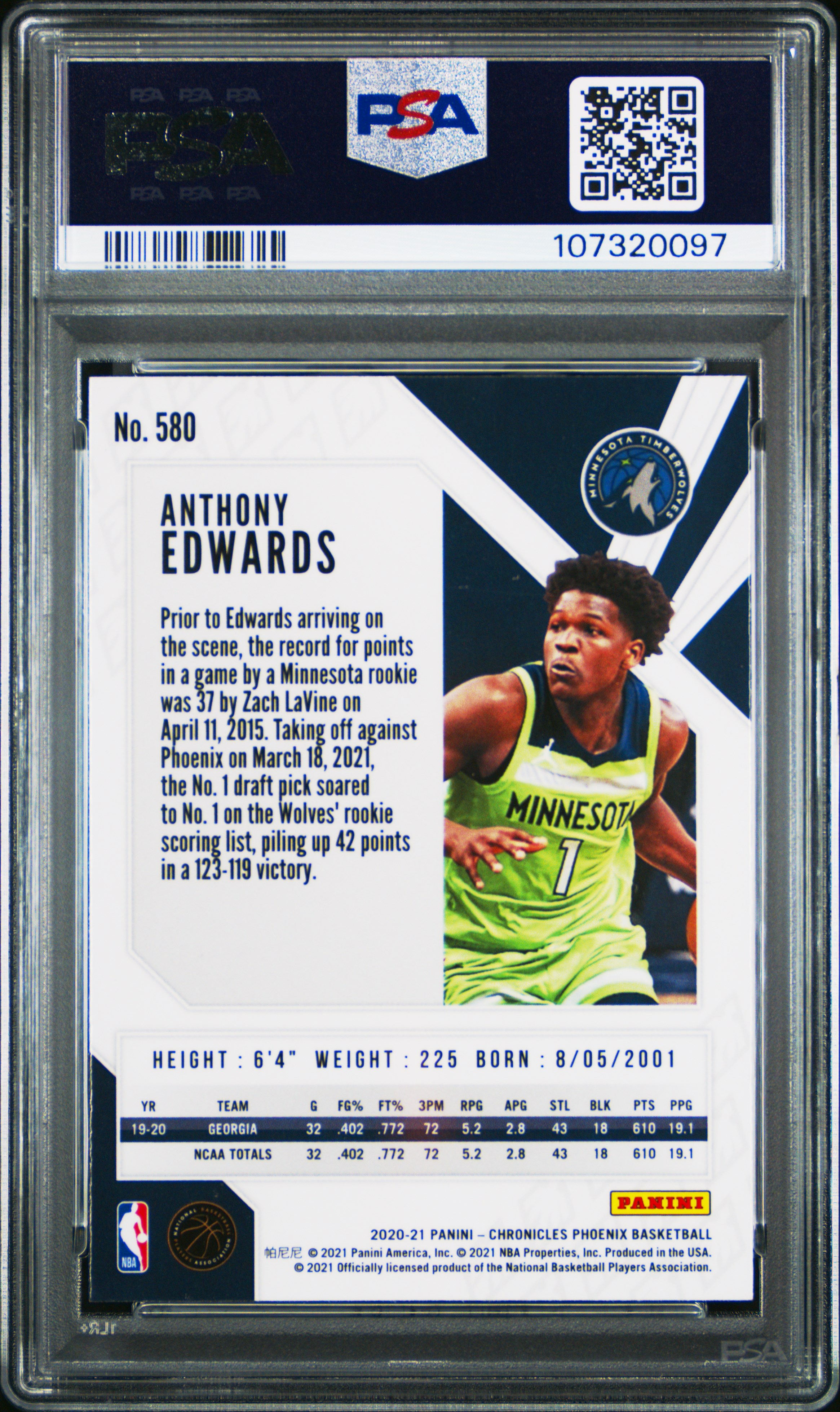 2020 Panini Chronicles Anthony Edwards #580 (Asia) Gem Mt 10 back