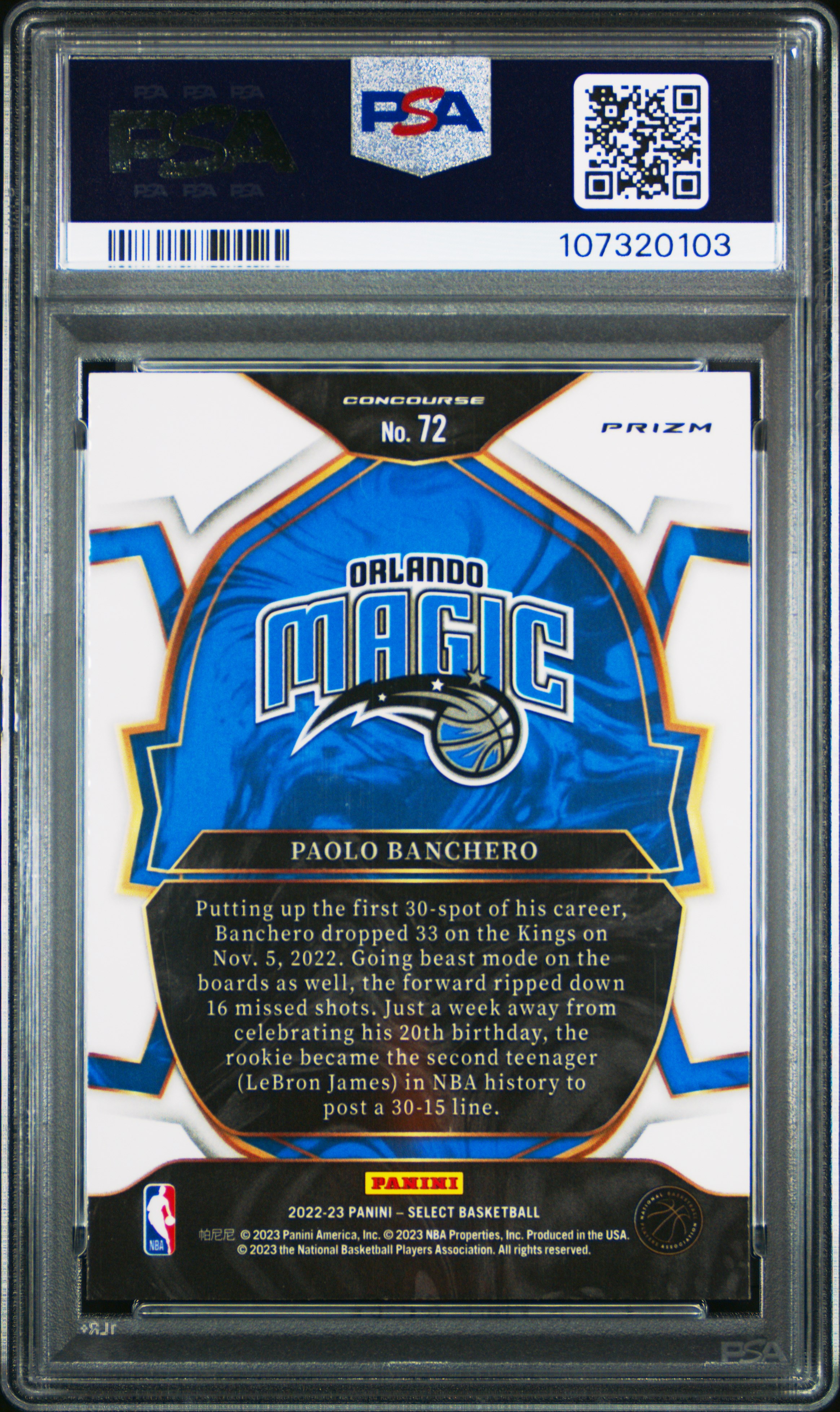 2022 Panini Select Paolo Banchero #72 (Red Wave) Gem Mt 10 back