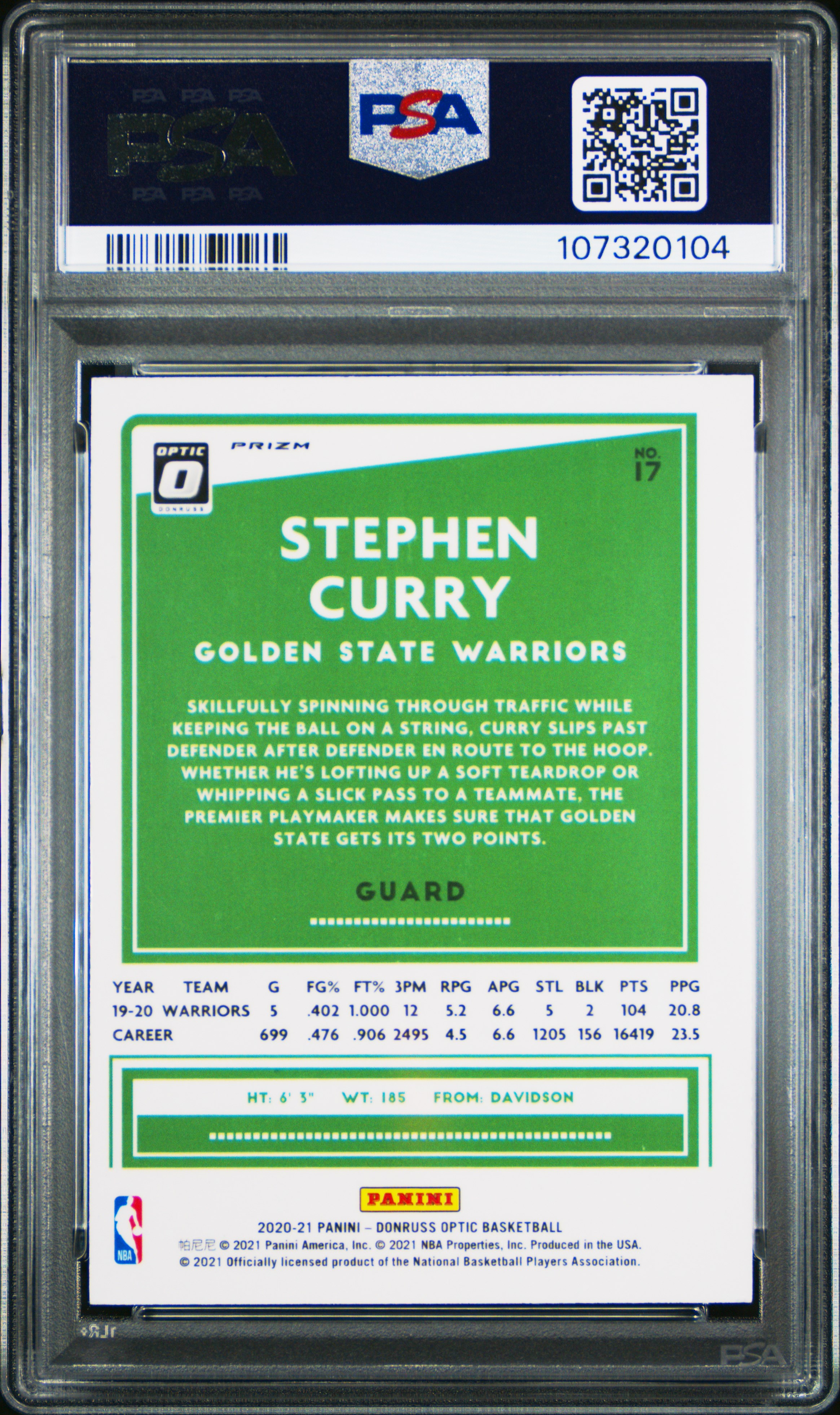 2020 Panini Donruss Optic Stephen Curry #17 (Red Pulsar) Gem Mt 10 back