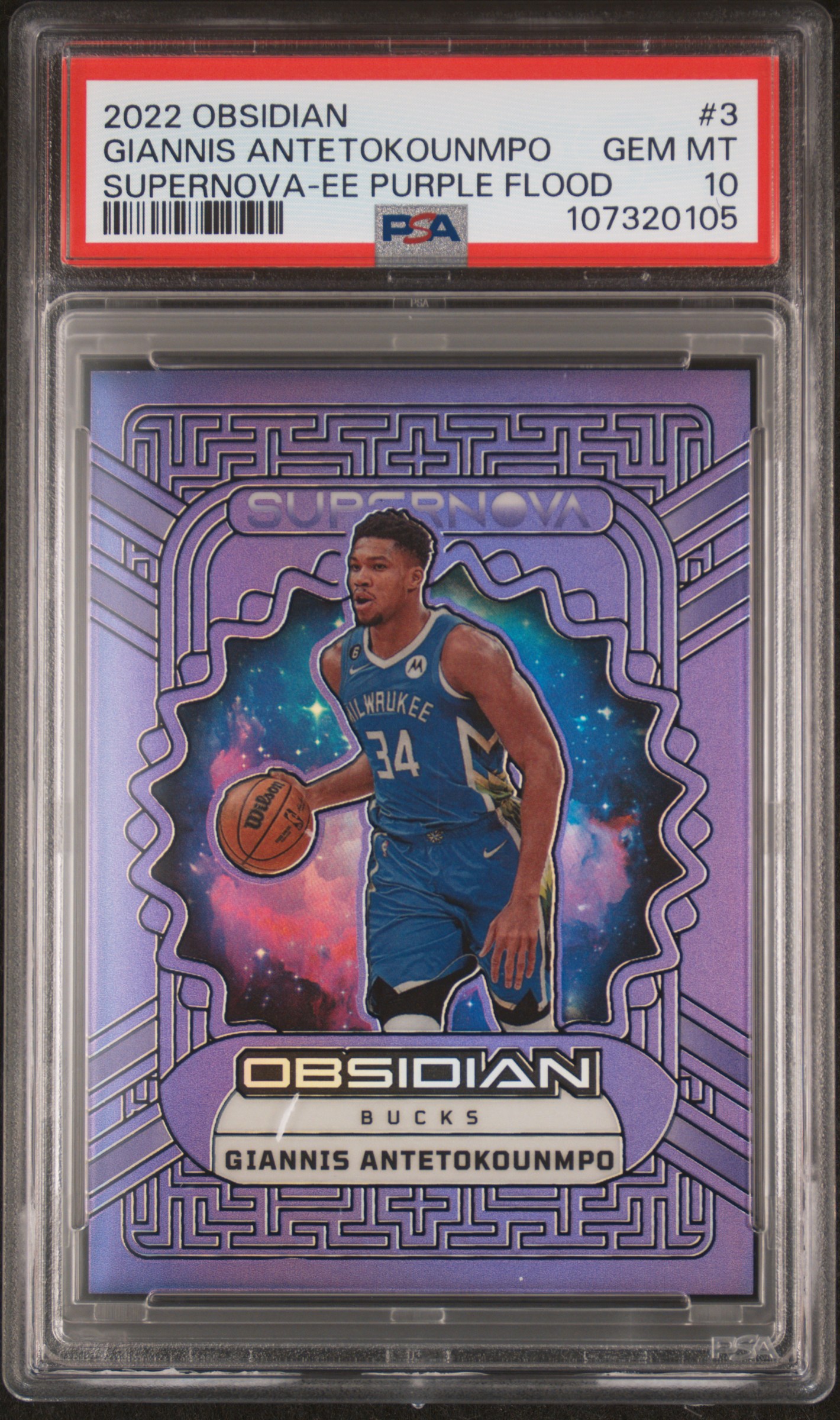 2022 Panini Obsidian Supernova Giannis Antetokounmpo #3 (Supernova-Ee Purple Flood) Gem Mt 10 front
