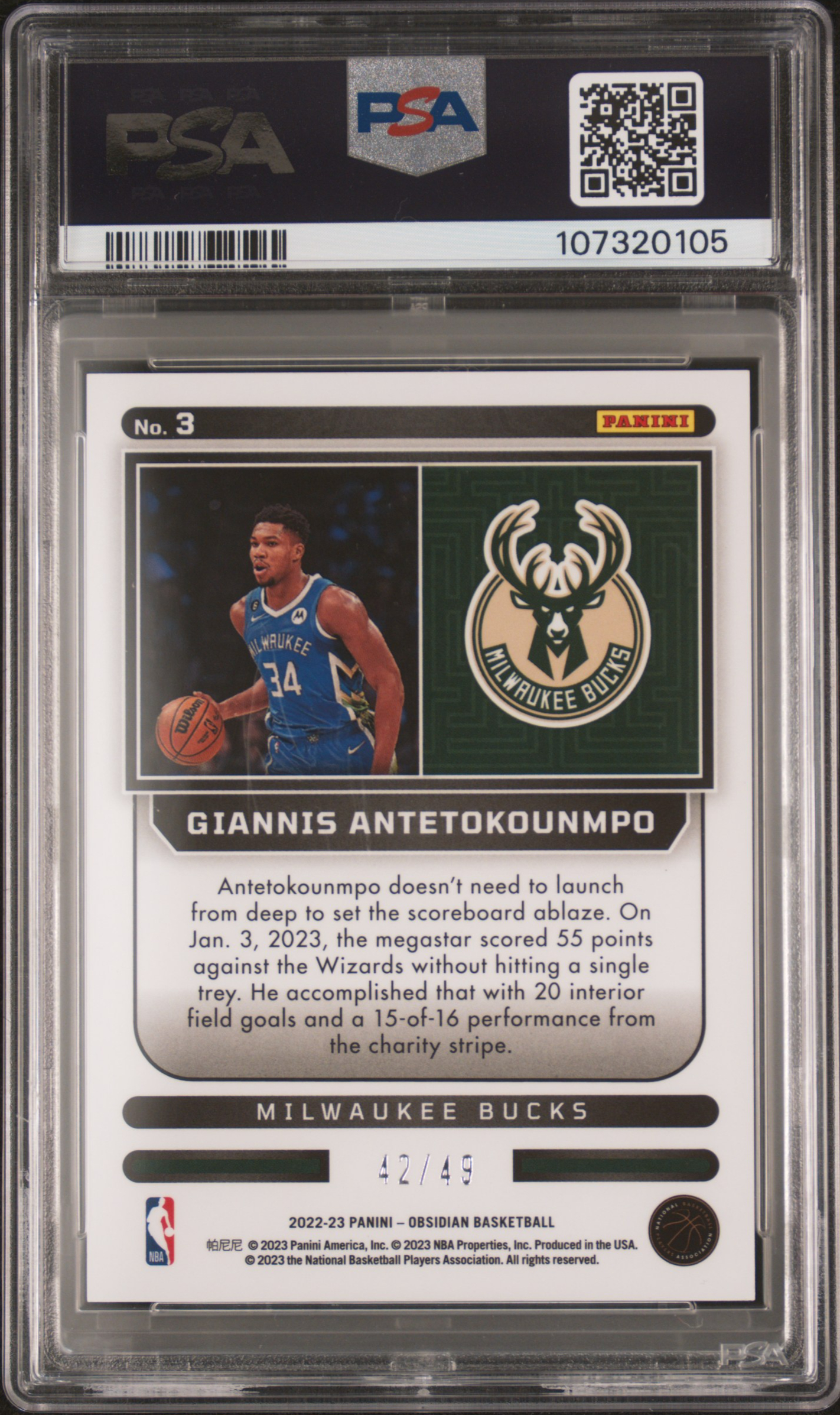 2022 Panini Obsidian Supernova Giannis Antetokounmpo #3 (Supernova-Ee Purple Flood) Gem Mt 10 back