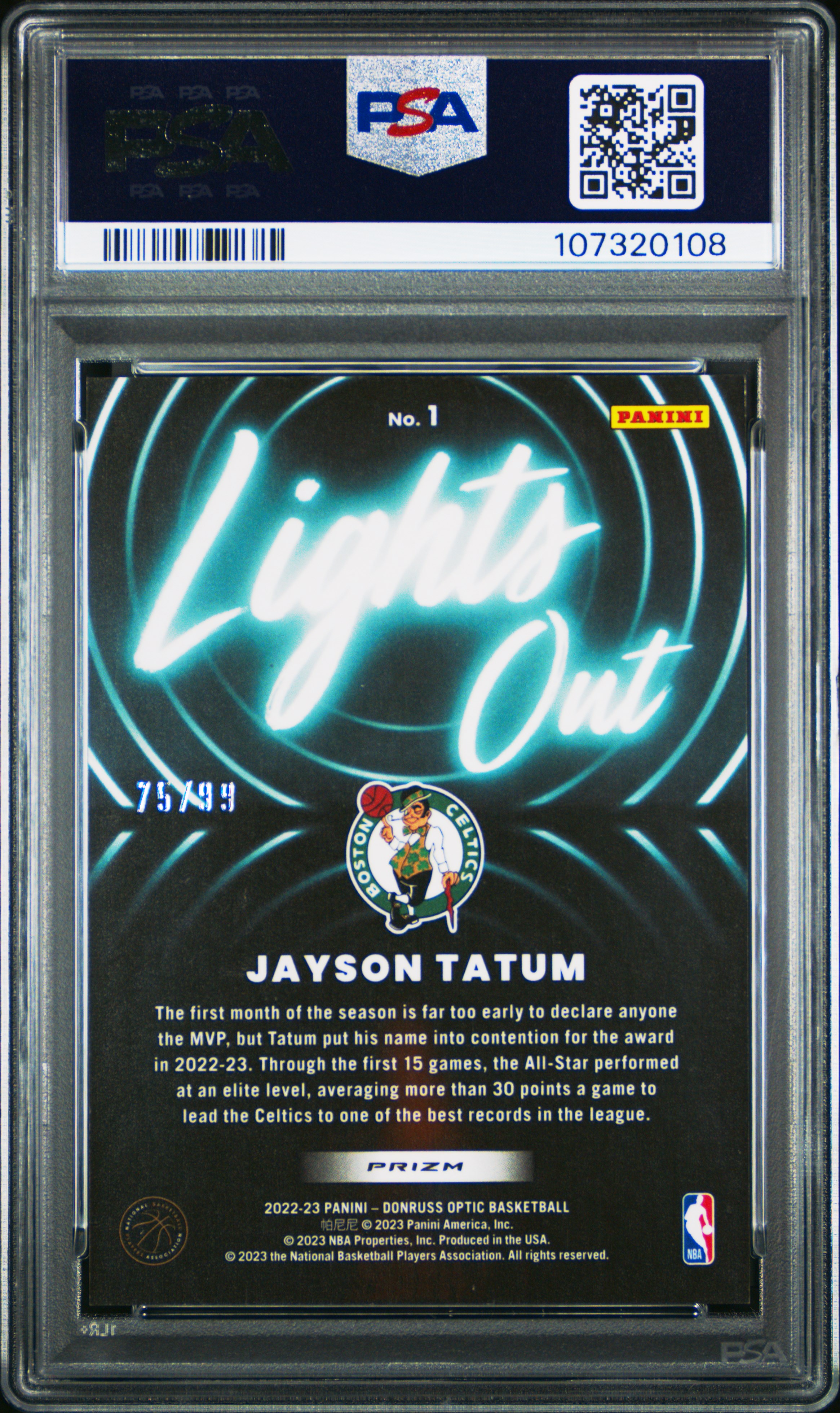 2022 Panini Donruss Optic Lights Out Jayson Tatum #1 (Lights Out-Red & Gold Wave) Mint 9 back