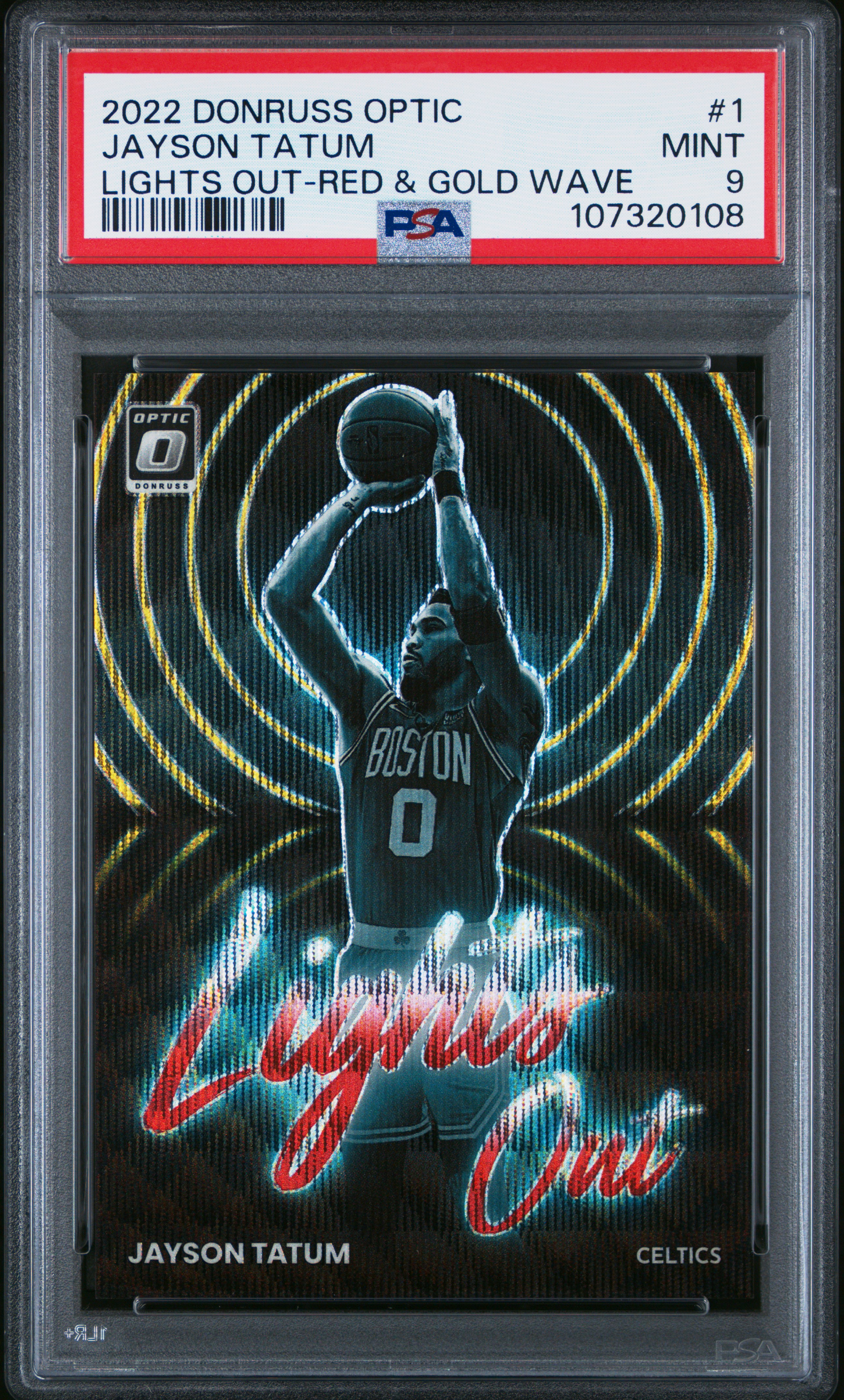 2022 Panini Donruss Optic Lights Out Jayson Tatum #1 (Lights Out-Red & Gold Wave) Mint 9 front
