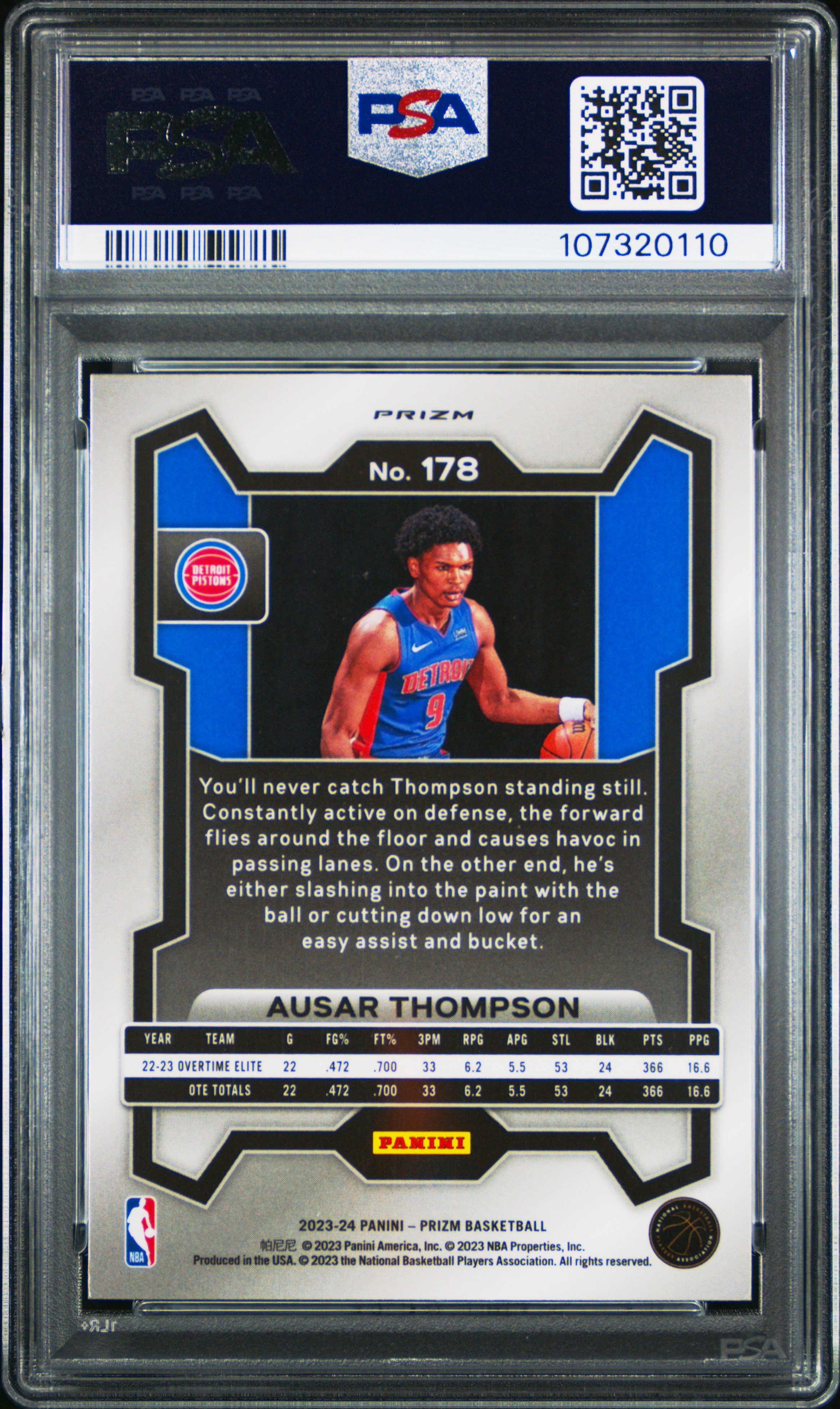 2023 Panini Prizm Ausar Thompson #178 (Ice) Gem Mt 10 back