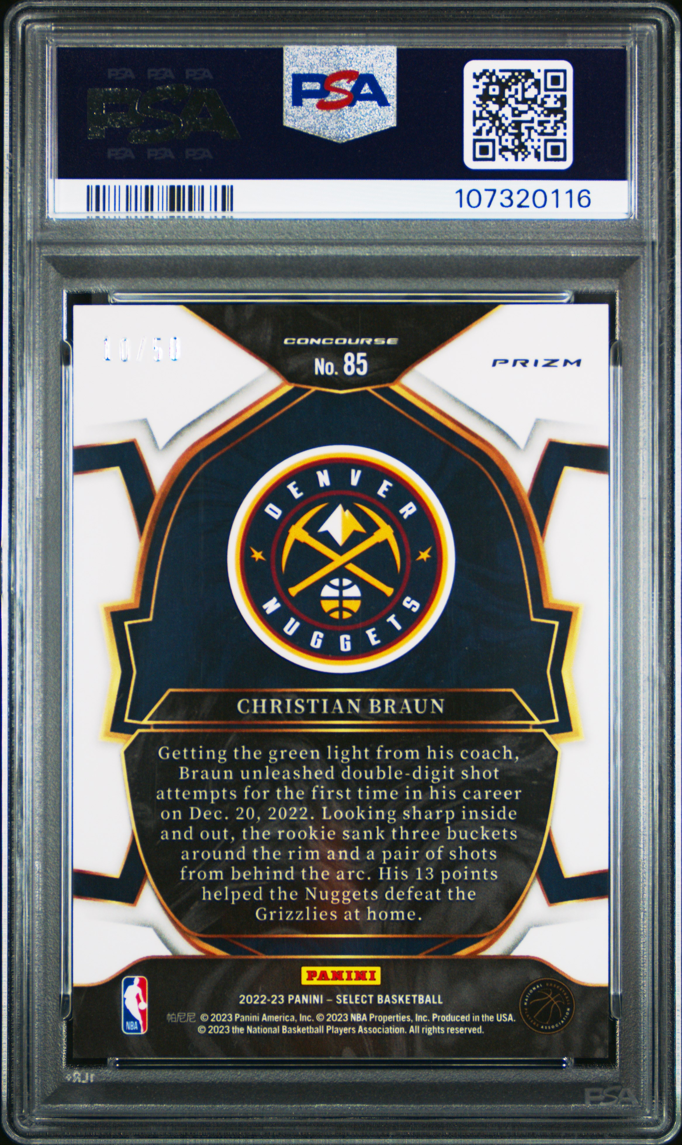 2022 Panini Select Christian Braun #85 (Green Wave) Gem Mt 10 back