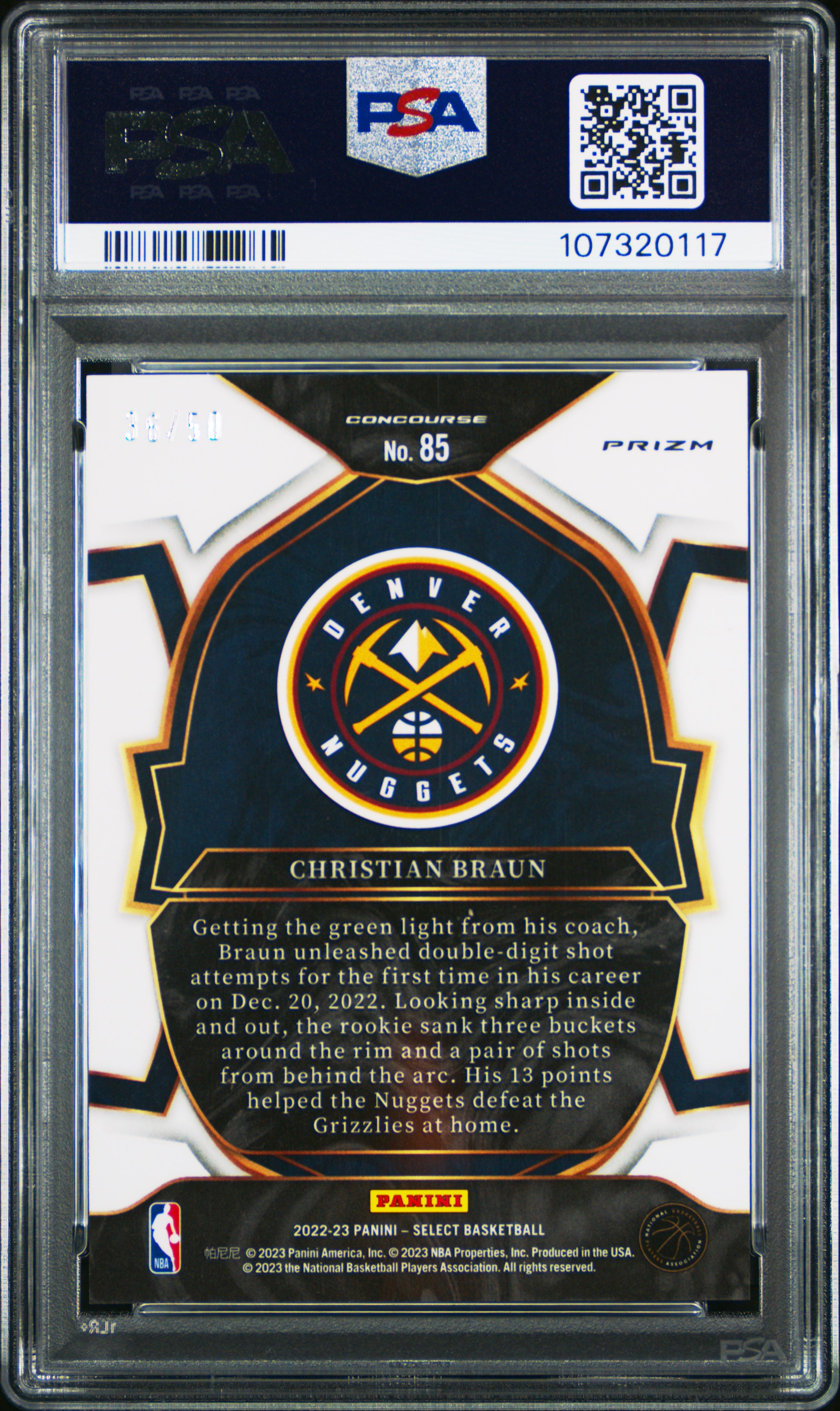 2022 Panini Select Christian Braun #85 (Green Wave) Gem Mt 10 back