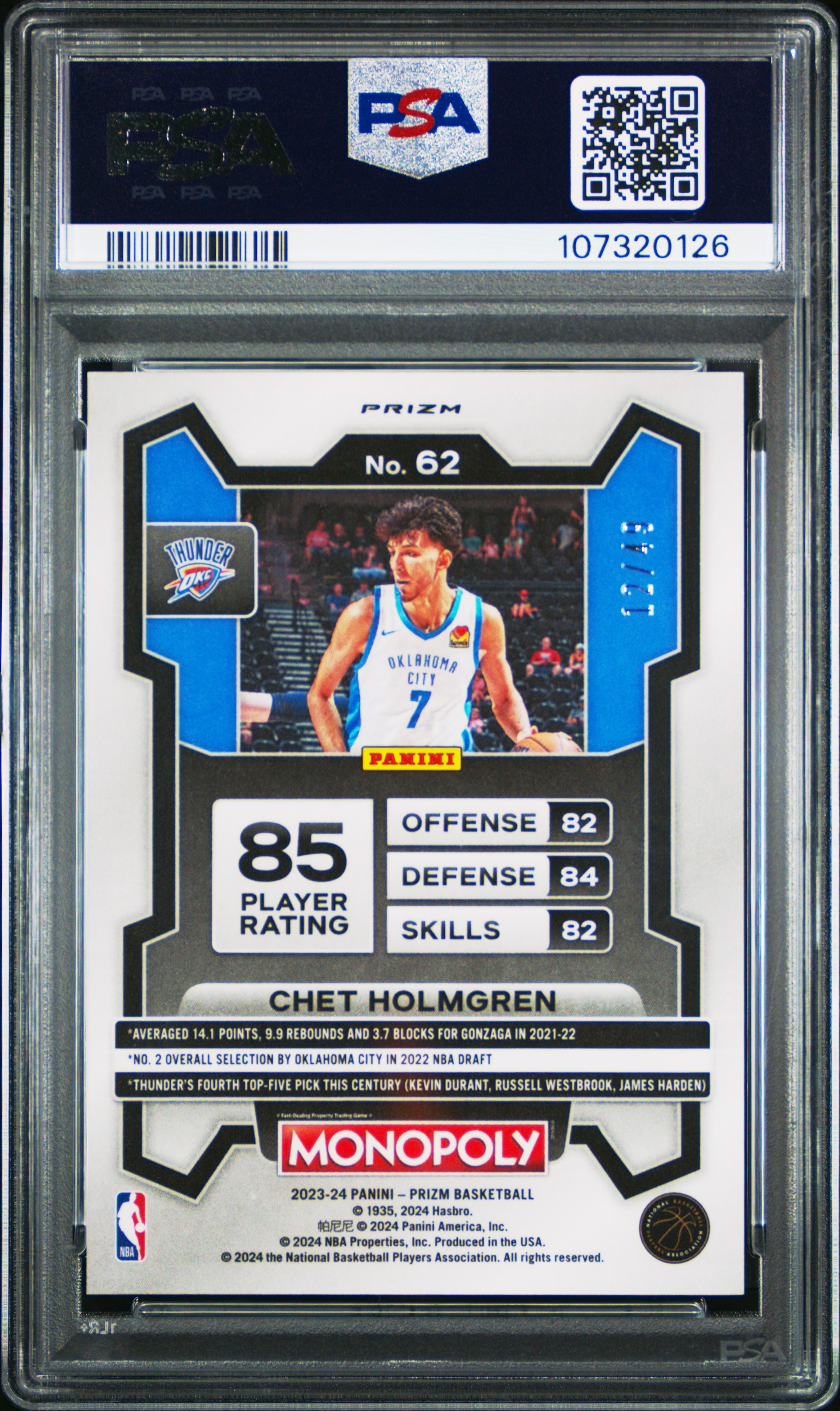 2023 Panini Prizm Monopoly Chet Holmgren #62 (Gold) Gem Mt 10 back