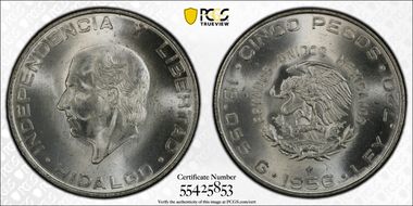 1956-Mo 5 Peso Hidalgo KM-469  Ag MS66
