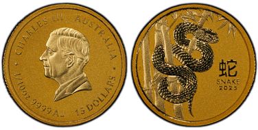 2025-P $15 Year of the Snake 1/10oz Au MS70