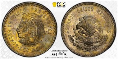 1948-Mo 5 Peso Cuauhtemoc KM-465  Ag MS64