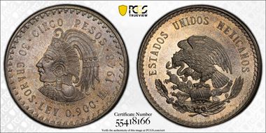 1948-Mo 5 Peso Cuauhtemoc KM-465  Ag MS66