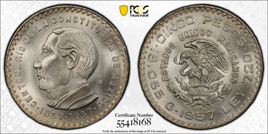 1957-Mo 5 Peso Constitution KM-470  Ag MS66