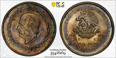 1952-Mo 5 Peso Hidalgo KM-467  Ag MS65