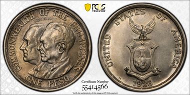 1936-M Peso Roosevelt-Quezon KM-177  Ag AU58