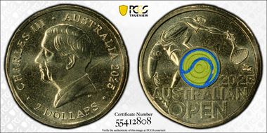2025 $2 Men’s Australian Open Yellow Envelope Privy Colorized MS68