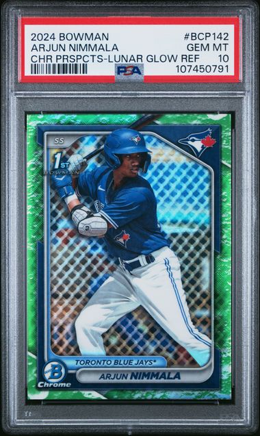 2024 Bowman Chrome Prospects Arjun Nimmala #Bcp142 (Chr Prspcts-Lunar Glow Ref) Gem Mt 10 front