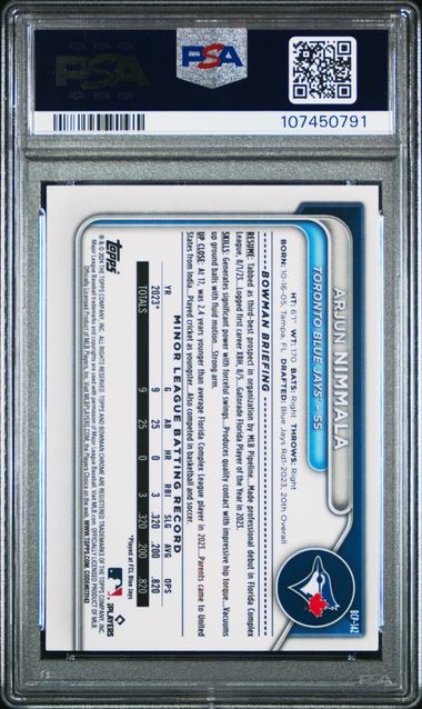 2024 Bowman Chrome Prospects Arjun Nimmala #Bcp142 (Chr Prspcts-Lunar Glow Ref) Gem Mt 10 back