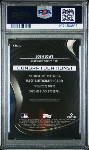 2022 Topps Chrome Black Autographs Josh Lowe #Jl (Autograph) Gem Mt 10 back