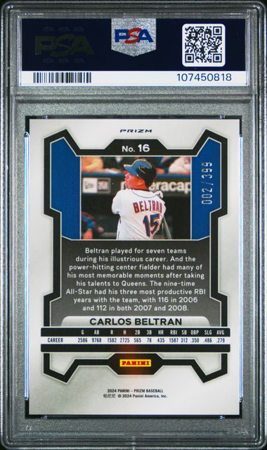 2024 Panini Prizm Carlos Beltran #16 (Red Pulsar) Gem Mt 10 back