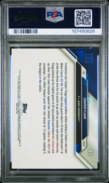 2024-25 Bowman U Now Cooper Flagg #51 Gem Mt 10 back