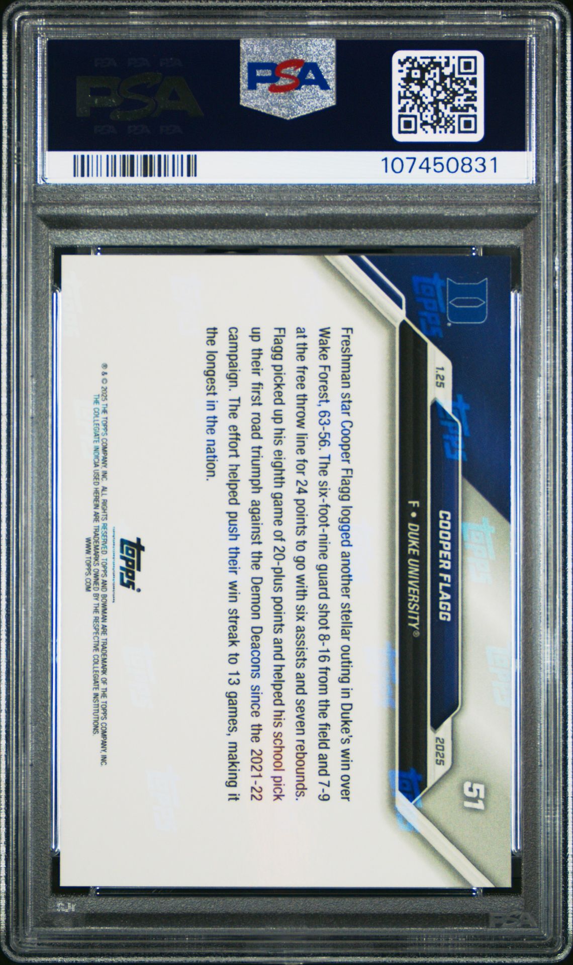 2024-25 Bowman U Now Cooper Flagg #51 Gem Mt 10 back