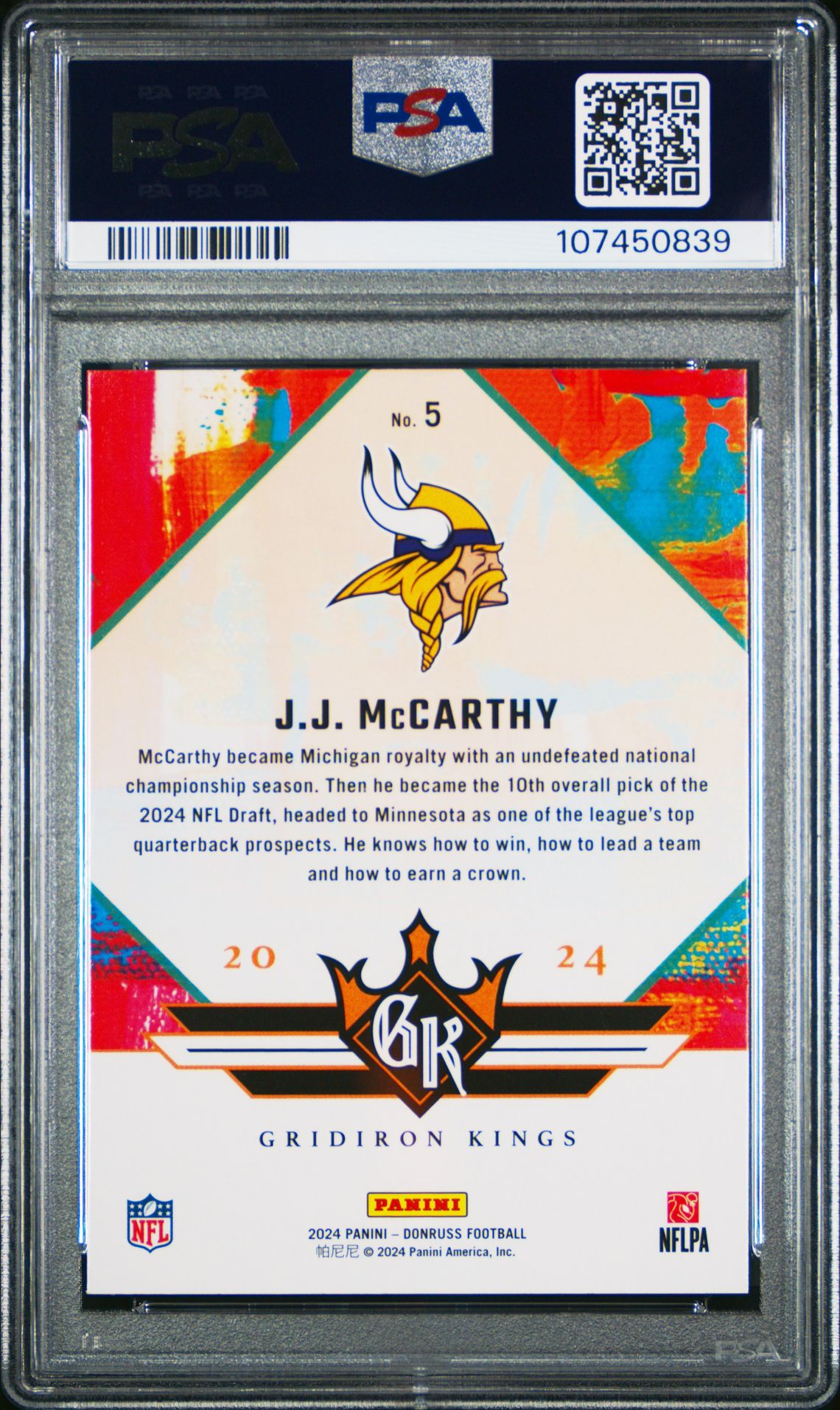 2024 Panini Donruss Rookie Gridiron Kings Jj Mccarthy #5 Mint 9 back