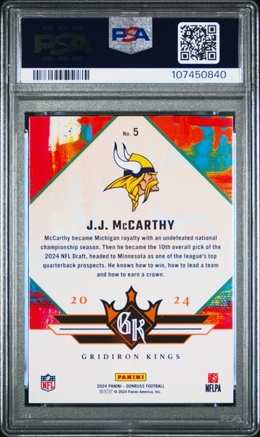 2024 Panini Donruss Rookie Gridiron Kings Jj Mccarthy #5 Gem Mt 10 back