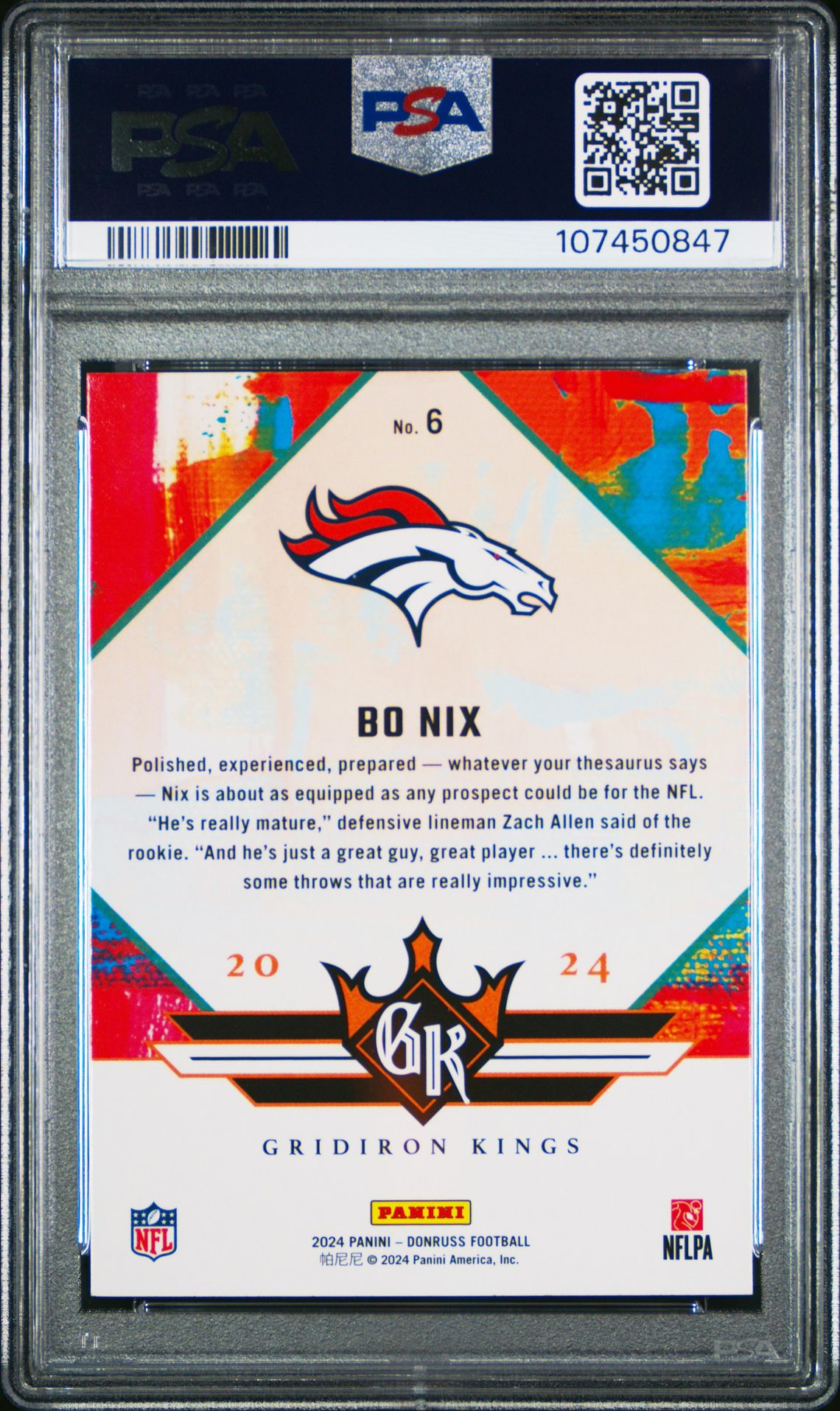 2024 Panini Donruss Rookie Gridiron Kings Bo Nix #6 Mint 9 back