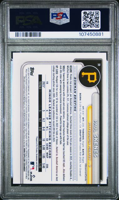 2024 Bowman Chrome Paul Skenes #31 Gem Mt 10 back