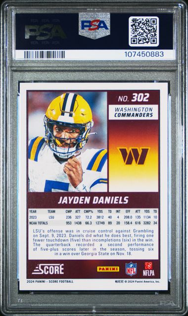 2024 Panini Score Jayden Daniels #302 Gem Mt 10 back